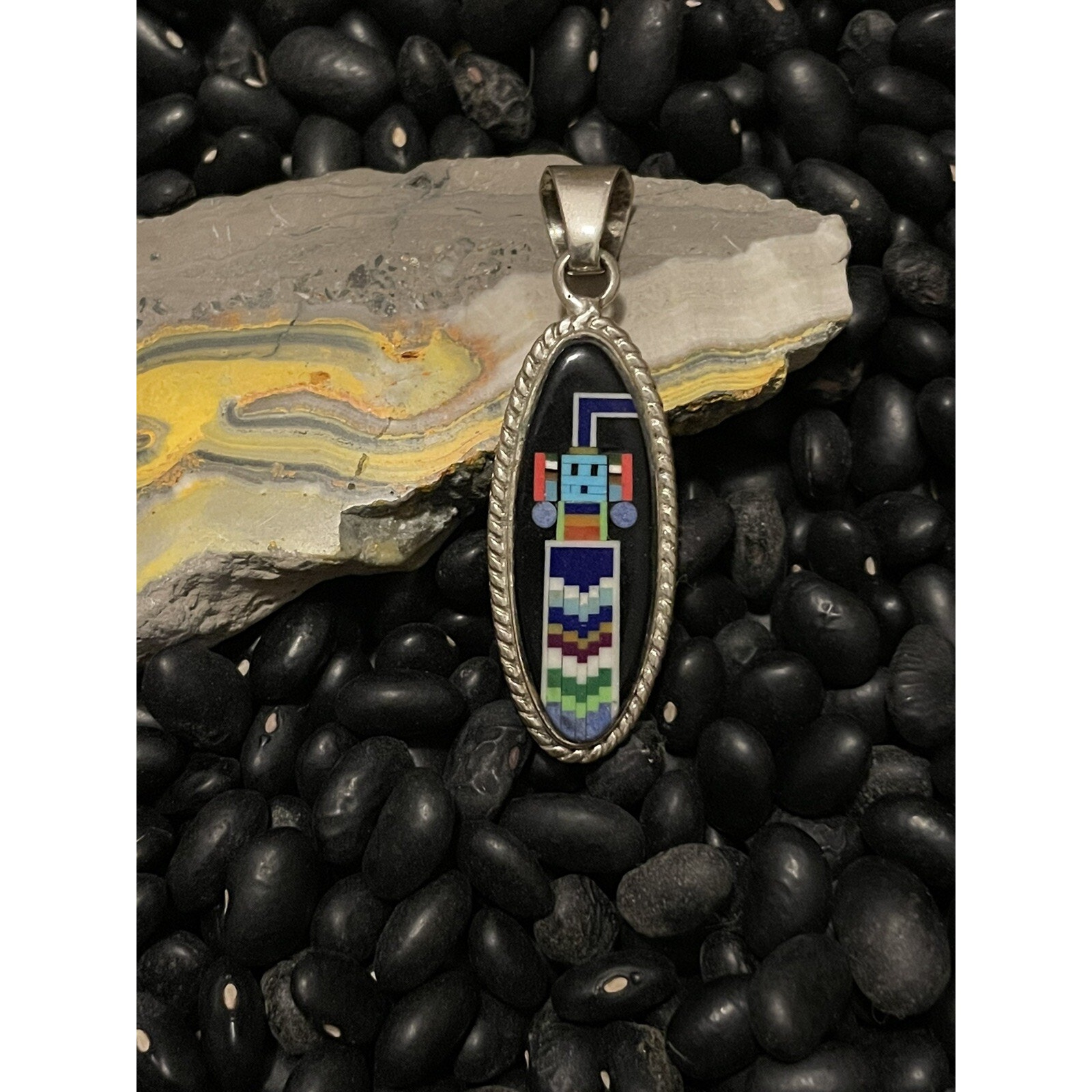 Native Sw Sterling Inlaid Galaxy Pendant Kachina Robot~Onyx Turquoise Lapis
